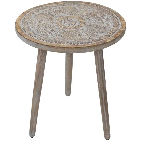Northlight 21" Antique Gray Engraved Round Tri Leg Wooden Side Table {1}