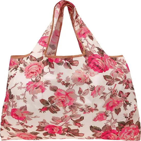 Wrapables Large Foldable Tote Nylon Reusable Grocery Bag, 3 Pack Rose Garden {3}