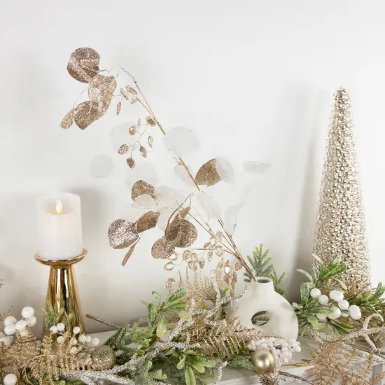 Northlight Glittered Winter Leaves Artificial Christmas Spray - 32" - White and Gold {4}