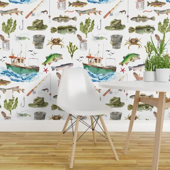 Peel & Stick Wallpaper 2FT Wide Watercolor Adventure Fish Boat Nautical Custom Removable Wallpaper by Spoonflower {1}