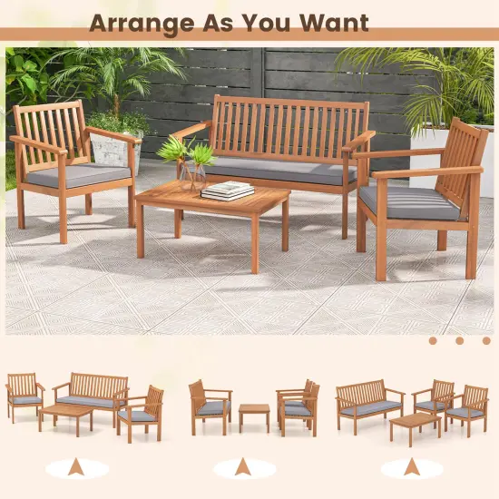 Costway 4 PCS Patio Wood Furniture Set with Loveseat, 2 Chairs & Coffee Table for Porch White/Grey/Navy {5}