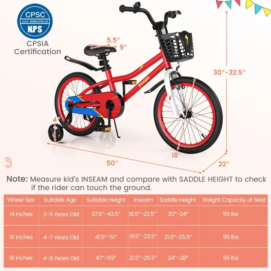 18 Feet Kid's Bike with Removable Training Wheels Red {5}