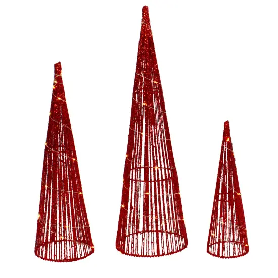 Northlight LED Lighted Glitter Cone Tree Outdoor Christmas Decorations - 23.5" - Set of 3 Red {1}