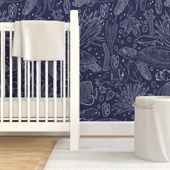 Pre-Pasted Wallpaper 2FT Wide Blue Fish Turtles Line Drawing And White Sea Creatures Life Coastal Navy Underwater Animals Chic Beach House Custom Pre-pasted Wallpaper by Spoonflower {7}