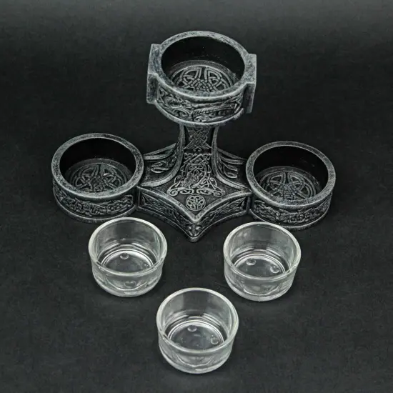 Norse Mythology Thor's Hammer Mjolnir Silver Finish Triple Tealight Candleholder {7}