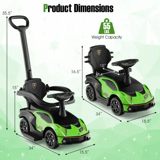3-in-1 Ride on Push Car with Handle Guardrail and Green {4}