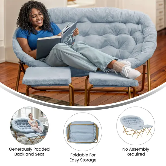 Emma and Oliver Janey Folding Double Saucer Chair with 2 Ottomans and Steel Frame for Dorm or Bedroom AquaFabric/SoftGold {3}