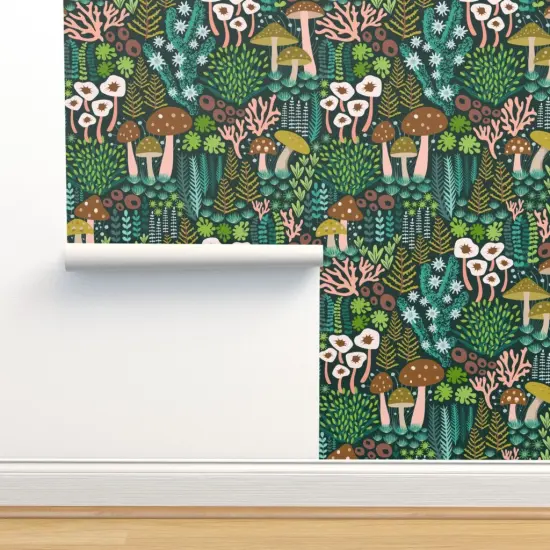 Peel & Stick Wallpaper 2FT Wide Green Mossy Mushrooms Woodland Botanical Lichen Nature Whimsical Teal Custom Removable Wallpaper by Spoonflower {2}