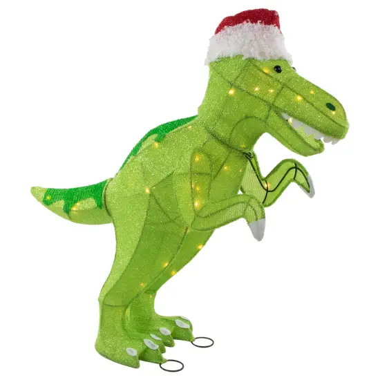 Northlight LED Lighted Tinsel Santa T-Rex Dinosaur Outdoor Christmas Decoration - 30" - Warm White Green {7}