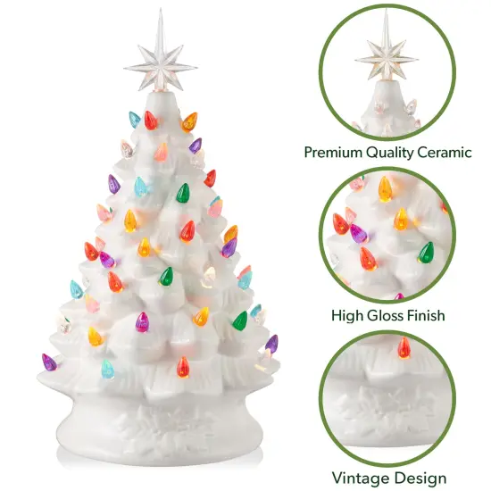 Casafield Hand Painted Ceramic Christmas Tree, White 15-Inch Pre-Lit Tree with 128 Multi Color Lights and 2 Star Toppers {3}