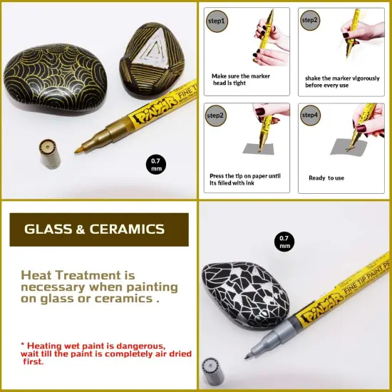 Pintar Acrylic Paint Markers - Pack of 6 Gold & Silver with 0.7 mm Tips {3}