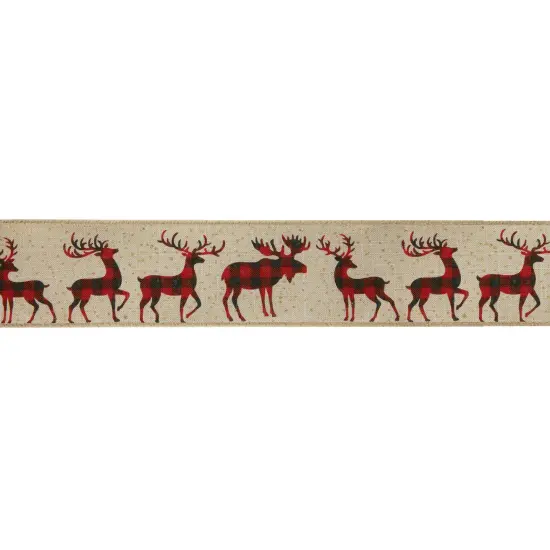 Northlight Beige and Red Plaid Buffalo with Reindeer Christmas Wired Craft Ribbon 2.5" x 16 Yards {1}