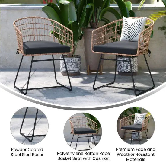 Emma and Oliver Ari Set of Two All-Weather Faux Rattan Rope Chairs with Padded Cushions for Indoor and Outdoor Use Natural/Black {2}