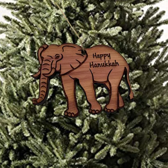 Elephant Happy Hanukkah - Cedar Ornament {2}
