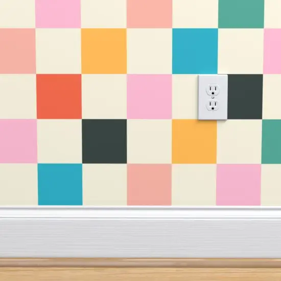 Peel & Stick Wallpaper 2FT Wide Retro Checkerboard Pink Orange Modern Multicolor Checker Check Custom Removable Wallpaper by Spoonflower {4}