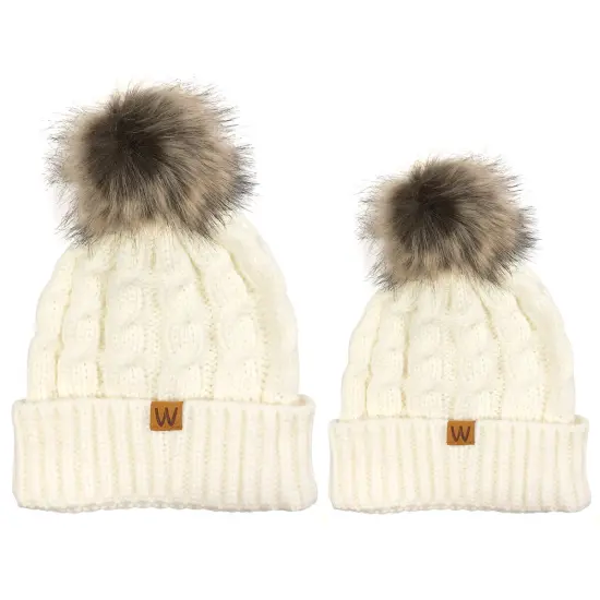 Wrapables Winter Warm Cable Knit Faux Fur Pom Pom Beanie Cream {1}