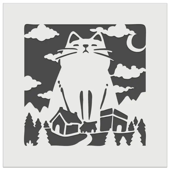 Giant Yule Cat Looming Over Village Christmas Wall Cookie DIY Craft Reusable Stencil {7}