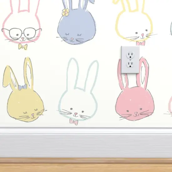 Peel & Stick Wallpaper 2FT Wide Easter Bunnies Pastel Spring Periwinkle Lilac Blue Pink Ivory Garden Hand Drawn Whimsical Rabbits Custom Removable Wallpaper by Spoonflower {4}