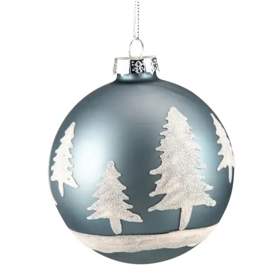 Northlight 4" Slate Blue with Glittered Trees Glass Ball Christmas Ornament {4}