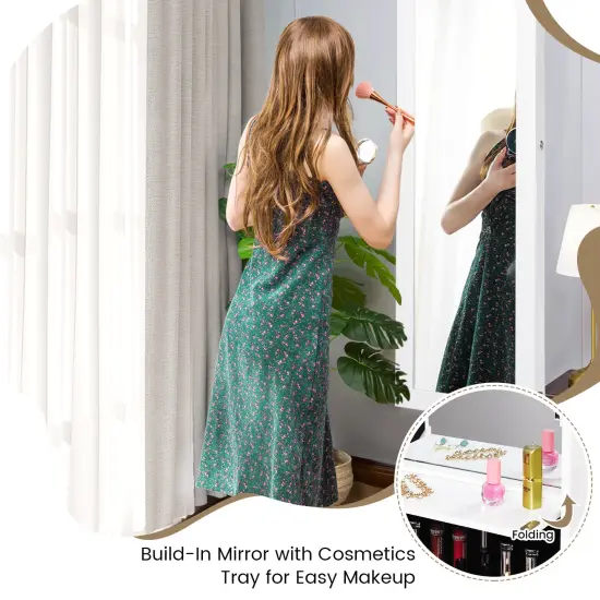 Lockable Wall Door Mounted Mirror Jewelry Cabinet with LED Lights White {3}