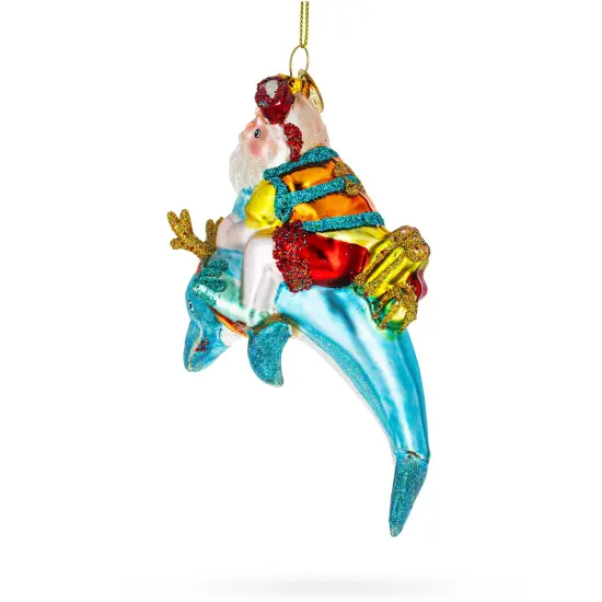 Santa Diver Riding Dolphin Glass Christmas Ornament {4}