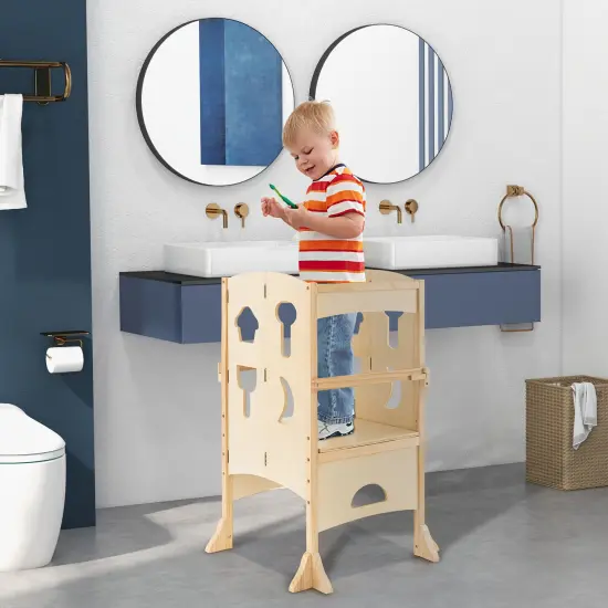 Costway Folding Kitchen Kids Step Ladder Stool Wooden Toddler Safety Tower Helper Coffee/White {4}