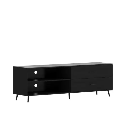 Merrick Lane Erikson Mid-Century Modern TV Stand with Adjustable Shelves and Two Drawers Black {1}
