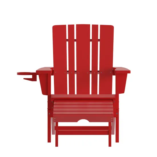 Merrick Lane Ridley HDPE Adirondack Chair with Cup Holder and Pull Out Ottoman, All-Weather HDPE Indoor/Outdoor Lounge Chair Red {3}