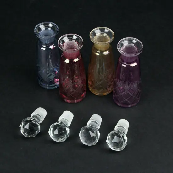 Set of 4 Colored Cut Glass Decorative Perfume Bottles With Stoppers {4}