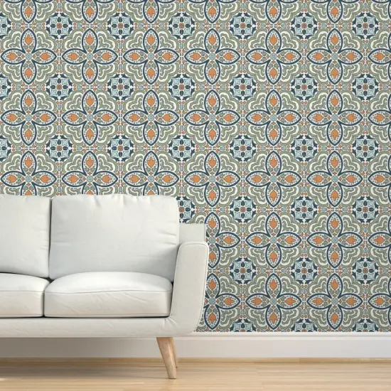 Peel & Stick Wallpaper 2FT Wide Blue Floral Geometric Tile Italian Distressed Rosette Quatrefoil Tulip Large Scale Roman Mosaic Custom Removable Wallpaper by Spoonflower {5}
