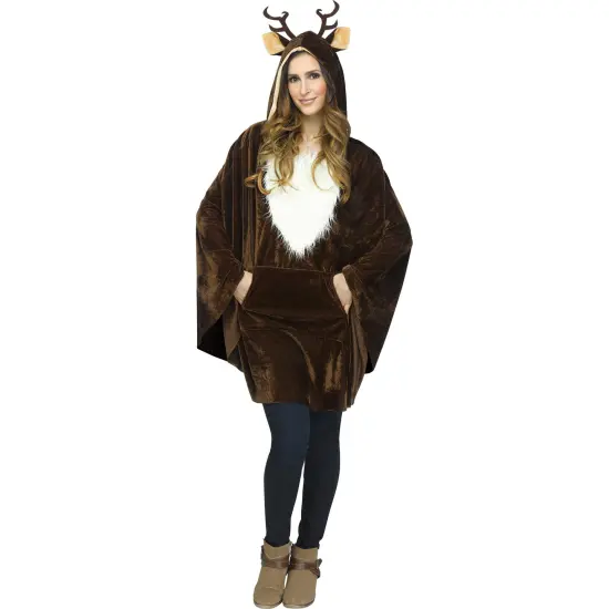 Fun World Brown and White Pullover Reindeer Poncho with Antlers Women Adult Christmas Costume - One Size {1}