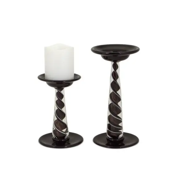 Melrose Set of 2 Dark Elegance Black Swirled Glitter Pillar Candle Holders 9.5" - 13.75" {1}