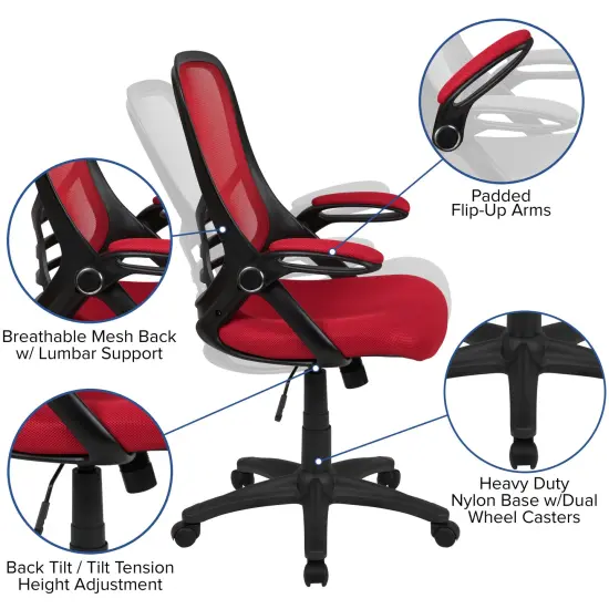 Emma and Oliver High Back Mesh Ergonomic Office Chair with Flip-up Arms Red {2}