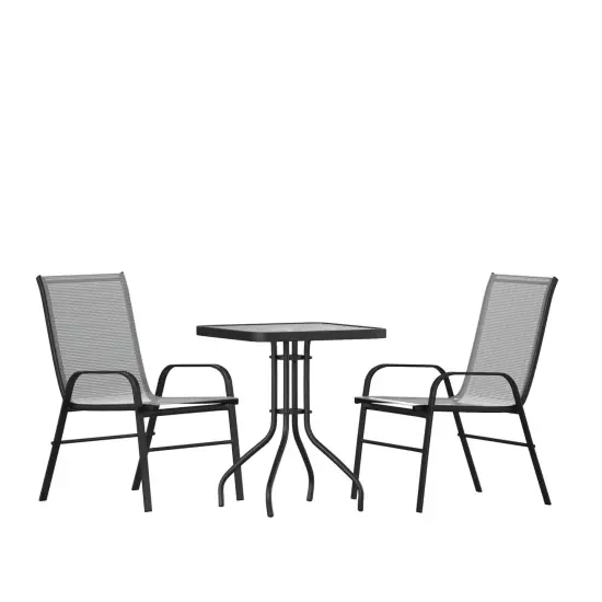 Emma and Oliver Three Piece Patio Table Set with Square Metal Frame Table with Tempered Glass Top and Two Flex Comfort Stacking Chairs Brown {6}