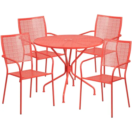 Emma and Oliver Commercial Grade 35.25" Round Metal Garden Patio Table Set, 4 Square Back Chairs Coral {1}