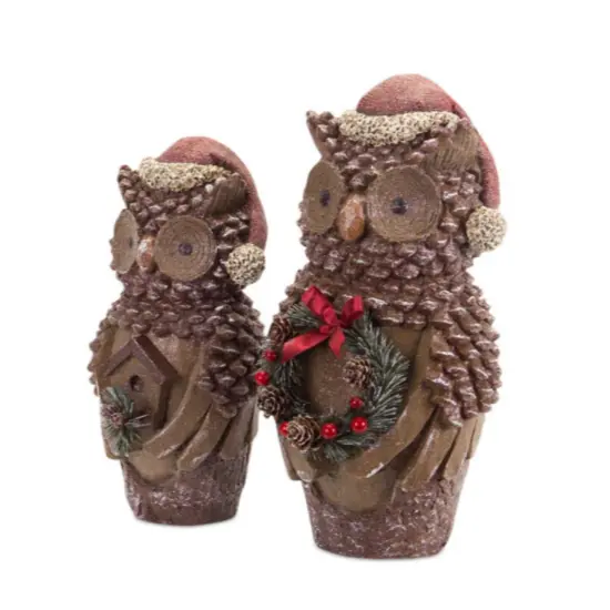 Melrose Set of 2 Brown Pine Cone Owl Wearing Santa Hat Christmas Figure 14.5" {1}