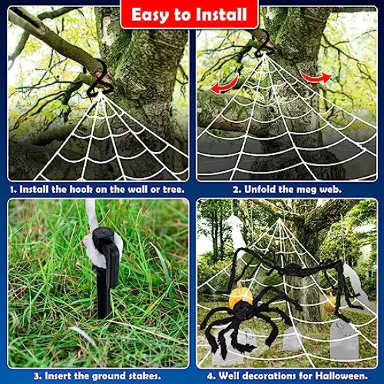 UNGLINGA Giant Spider Web Halloween Decorations Outdoor with 50inch & 30inch Large Spiders, Hanging Mega Huge Spider Web 2 Scary Fake Black Spiders for Yard Garden Outside House Indoor Decor {5}