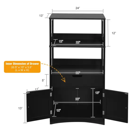 Bathroom Storage Cabinet with Drawer and Open Shelf and 2-Door Cabinet Black {5}