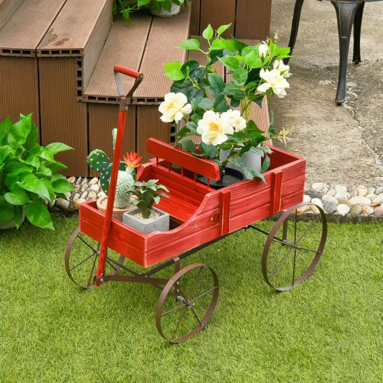Costway Garden Plant Planter Wooden Wagon Planter W/ Wheel Garden Yard {3}
