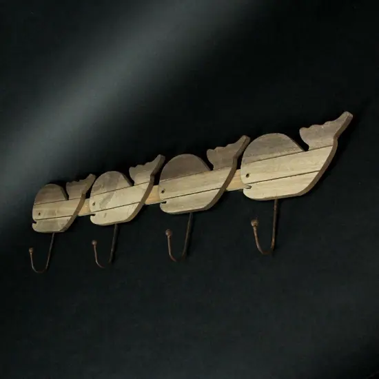 Distressed Wooden Whale 4 Hook Hanging Wall Rack 28 Inches Long {6}