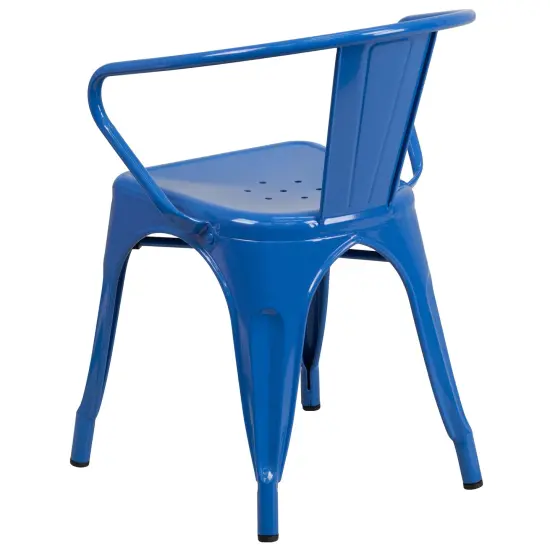 Emma and Oliver Commercial Grade Colorful Metal Indoor-Outdoor Chair with Arms Blue {4}