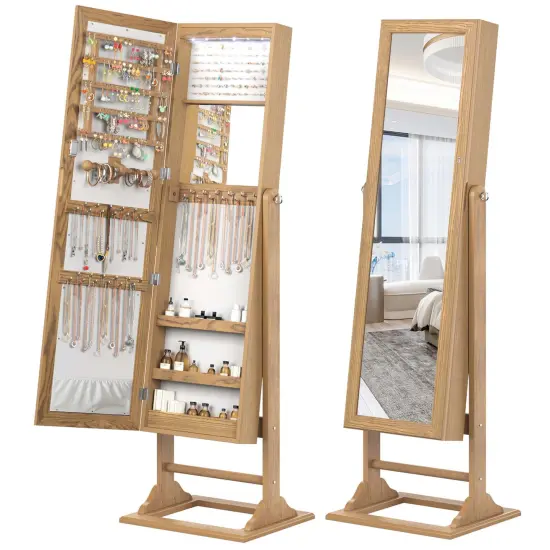 Costway Jewelry Cabinet Full-Length Mirror Lockable Jewelry Armoire with 6 Lights Beige/Natural {2}