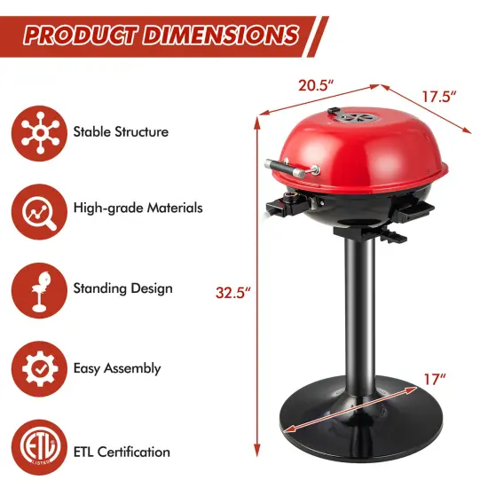 Costway Portable 1600W Electric BBQ Grill with Temperature Control & Grease Collector Red/Black {4}