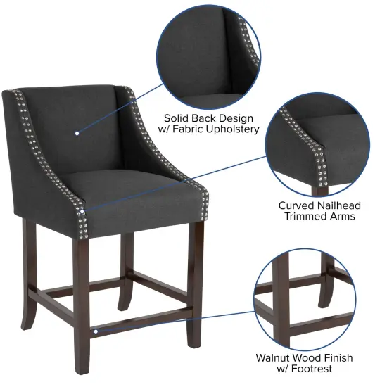 Merrick Lane Taylorsville 24 Inch Counter Height Stool with Nailhead Trim - Set of 2 Charcoal Fabric {2}