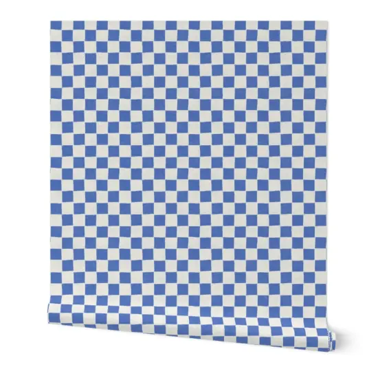 Peel & Stick Wallpaper 2FT Wide Blue Geometric Hand-Drawn Stamp Checkered Checks Block Print Medium Scale Race Rally Finish Flag Custom Removable Wallpaper by Spoonflower {7}