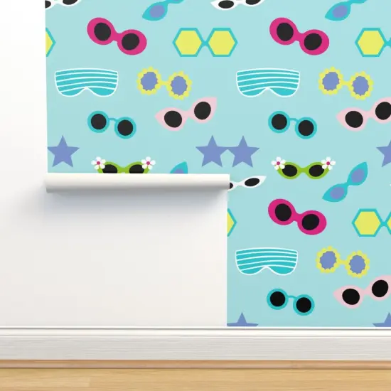 Peel & Stick Wallpaper 2FT Wide Blue Retro Colorful Beach Groovy Pale Sunglasses Eyewear Sunny Summer Glasses Large Scale Custom Removable Wallpaper by Spoonflower {2}