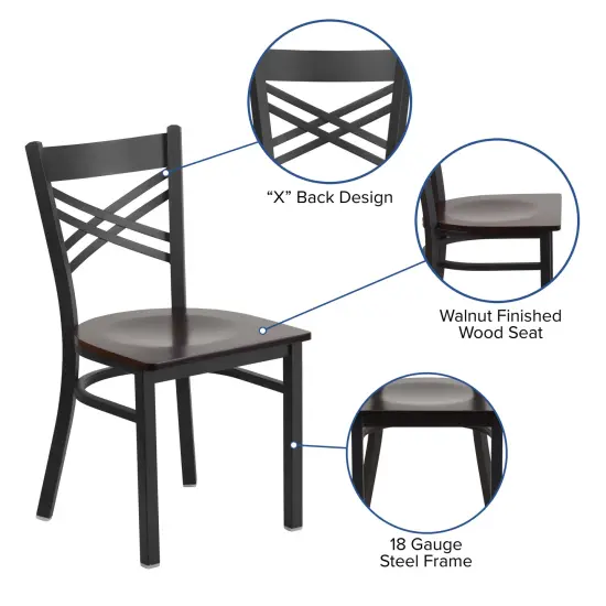 Emma and Oliver "X" Back Metal Restaurant Dining Chair Walnut/BlackMetal {2}