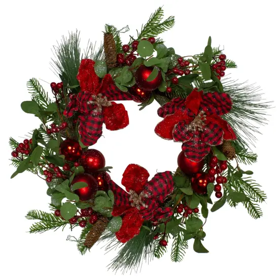 Northlight Magnolia and Red Berries Artificial Christmas Wreath - 22-Inch, Unlit Green {1}