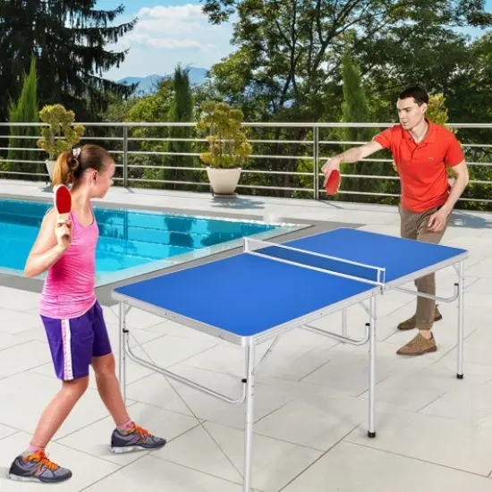 60 Inch Portable Tennis Ping Pong Folding Table with Accessories Blue {2}