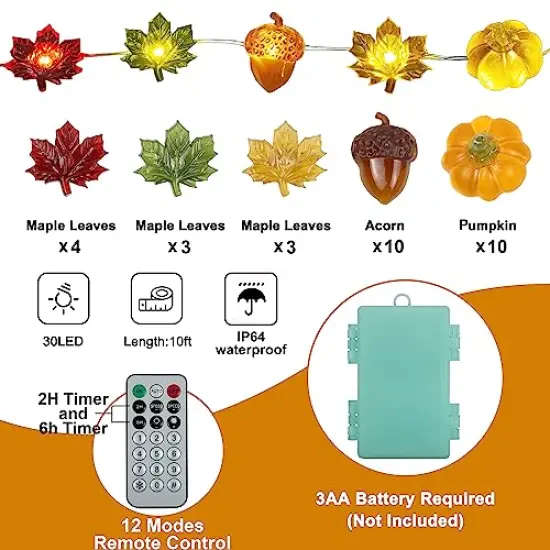Thanksgiving Lights 10FT 30 LED Fall Lights 3D Pumpkin Maple Leaf Acorn Battery Operated String Lights Halloween Decorations Indoor Fall Decorations for Home Garland Party Autumn {6}